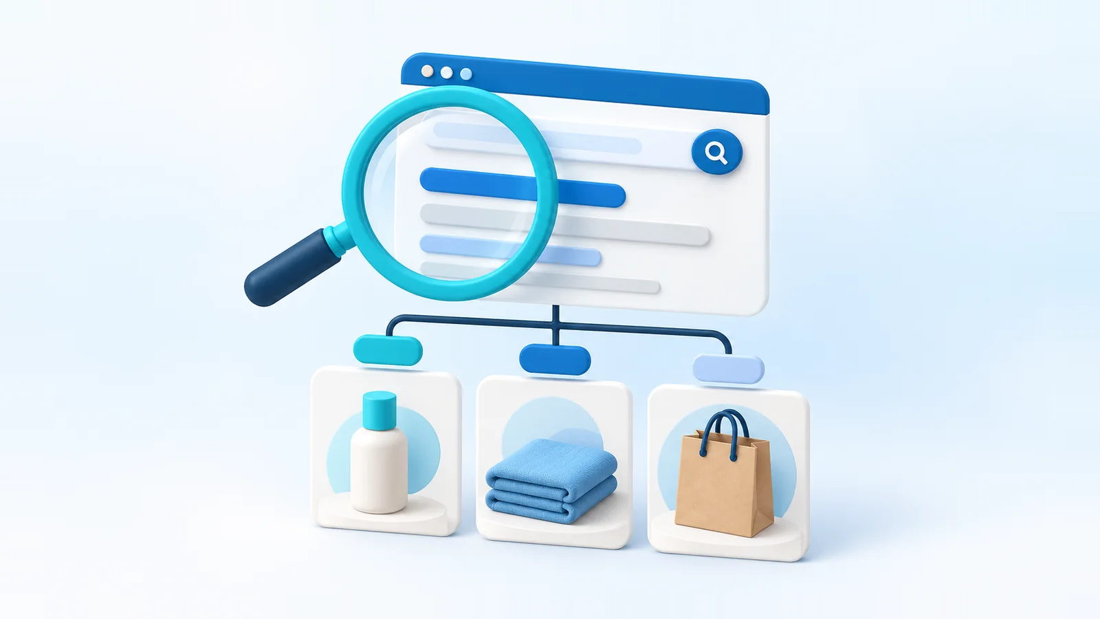 Illustration of a magnifying glass over a search results page, with product cards and a small category tree beneath it
