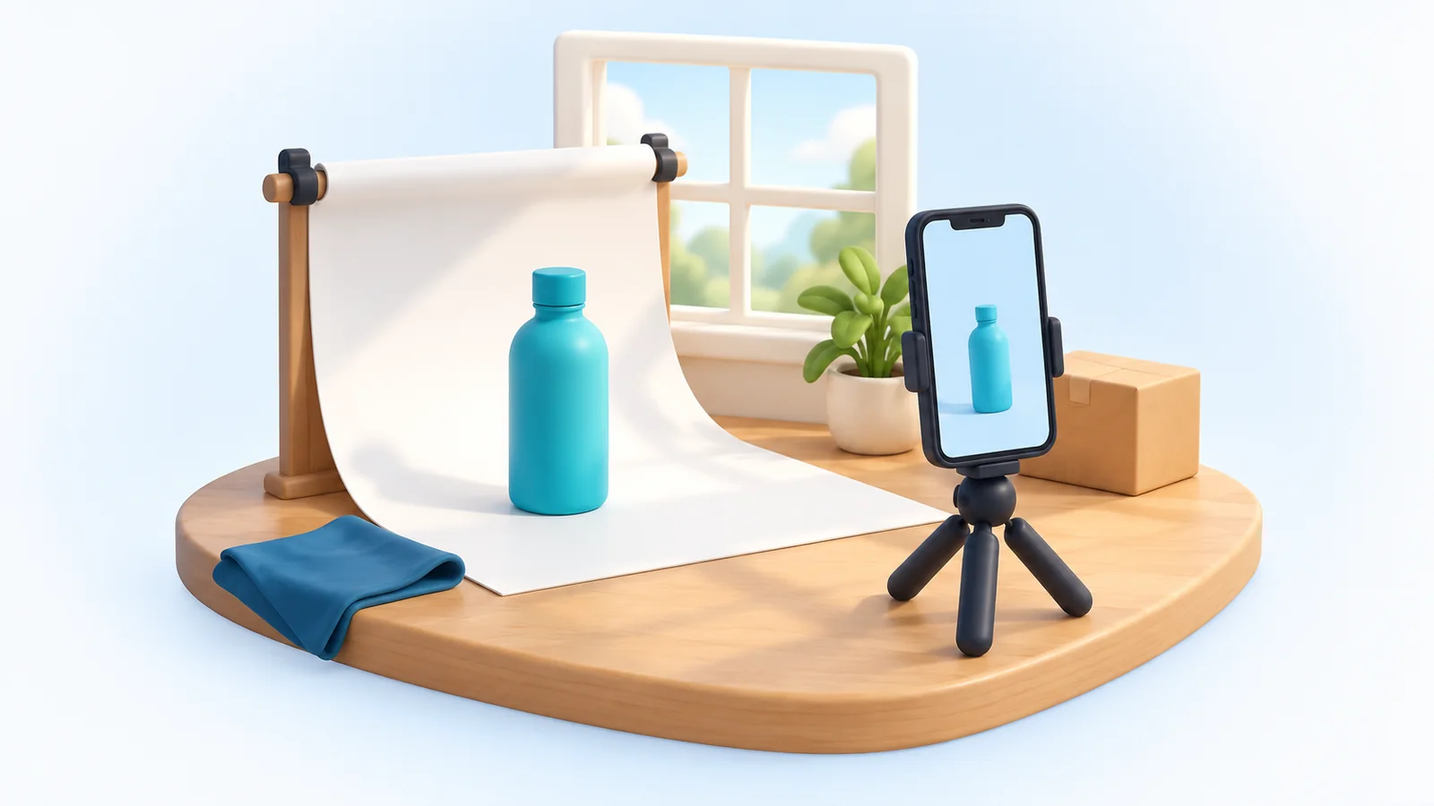Illustration of a product on a plain backdrop beside a bright window, photographed with a phone on a small tripod